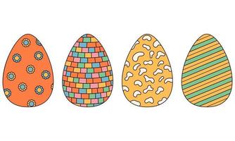 Groovy hippie Happy Easter. Set of Easter eggs with patterns in trendy retro 60s 70s style. vector