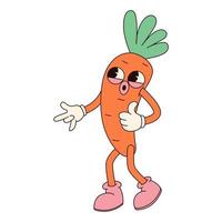 Groovy hippie Happy Easter character. Easter carrot in trendy retro 60s 70s cartoon style. vector