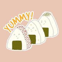 Traditional Japanese food. Asian cute onigiri with funny faces sticker. Vector illistration