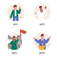 Set of analyst MBTI person types. Socionics mbti. Personality test. Mind behavior concept. Flat vector illustration