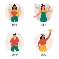 Set of diplomats MBTI person types. Socionics mbti. Personality test. Mind behavior concept. Flat vector illustration