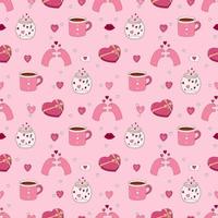 Valentine's Day Hand drawn seamless pattern. Jar, heart, mug, paw and other elements. vector