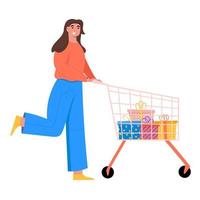 Young woman with shopping cart. Customer buying gifts. Shopping and purchase concept. Flat vector illustration