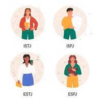 Set of sentinels MBTI person types. Socionics mbti. Personality test. Mind behavior concept. Flat vector illustration