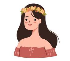 niña en un floral guirnalda. joven mujer vistiendo un flor pelo decoración. vector retrato