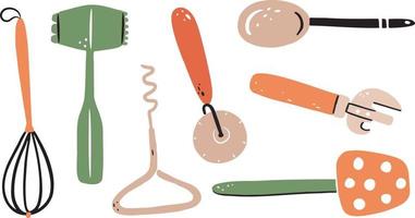 Set of kitchen utensils. Kitchenware tools hand drawn. vector