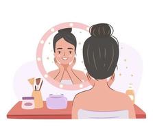 Girl doing skin care routine at a mirror. Beauty procedures at the dressing table. vector