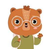 linda oso con mochila diciendo Hola. bebé bosque animal en casual atuendo vector