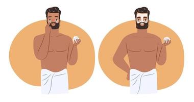 Skincare routine concept for man. Happy young guy in towel applying face creme in two steps. vector