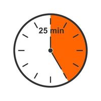 Clock icon with 25 minute time interval. Countdown timer or stopwatch symbol. Infographic element for cooking or sport game vector