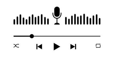 Podcast player interface with microphone, sound wave, loading progress bar and buttons. Audio player panel template for mobile app vector