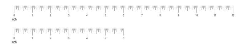 6 and 12 inch or 1 foot ruler scale with numbers. Horizontal measuring chart with markup vector