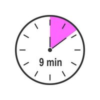 Timer icon with 9 minute time interval. Countdown clock or stopwatch symbol. Infographic element for cooking preparing instruction vector