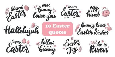 set of 10 Easter lettering quotes deocrated with doodles isolated on white background. Good for stickers, cards, prints, labels, sublimation, banners, invitations, etc. EPS 10 vector