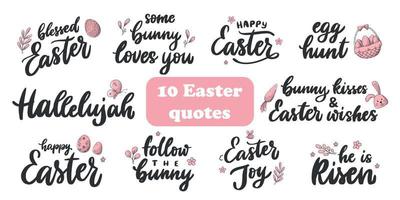 conjunto de 10 Pascua de Resurrección letras citas deocrado con garabatos aislado en blanco antecedentes. bueno para pegatinas, tarjetas, huellas dactilares, etiquetas, sublimación, pancartas, invitaciones, etc. eps 10 vector