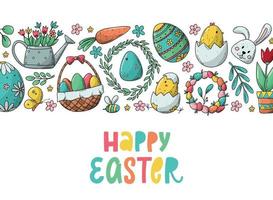 Easter poster, print, card, invitation, banner with lettering quote 'Happy Easter' and horizontal border of doodles. EPS 10 vector