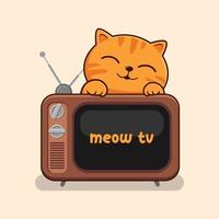 Tabby Cat Above Behind Old TV - Striped Orange Cat TV vector