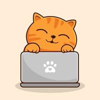 Orange Tabby Cat Hide Behind Laptop Cartoon - Orange Striped Pussy Cat Kitty Vector