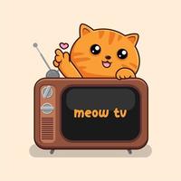 Tabby Orange Cat Above Old TV - Striped Orange Cat Behind TV vector