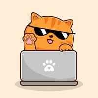 Orange Tabby Cat Playing Laptop Cartoon Cool Sunglasses - Orange Striped Pussy Cat Kitty Vector