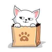 Cat in Paper Bag - Cute White Cat Hide in Shopping Bag vector