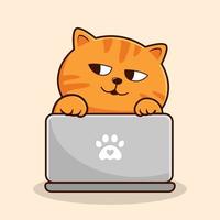 Orange Tabby Cat Hiding Laptop Cartoon - Orange Striped Pussy Cat Kitty Vector