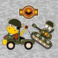 vector cartoon of funny cow driving military tow truck, cute bear on armored vehicle