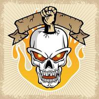 vector illustration of skull and fist with flame on grunge frame border