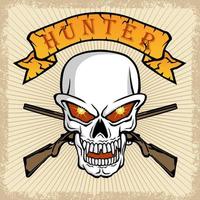 vector illustration of skull and ribbon with two weapons on grunge frame border