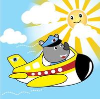 vector cartoon of rhinoceros on airplane with smiling sun