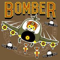 Funny bear on fighter jet dropping bomb, vector cartoon illustration