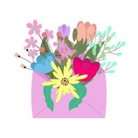 Bouquet of spring flowers inside the envelope. Flat design. vector