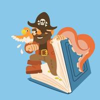 Cheerful pirate with a parrot looks out of an open book. Fairy tale concept. Cartoon vector illustration