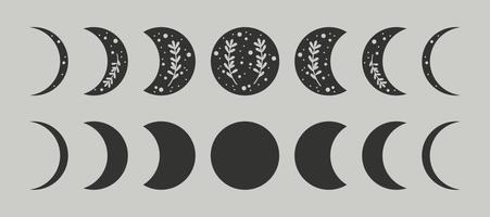 Moon phase icons with plants. Vector illustration