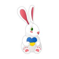 Cute cartoon white bunny, rabbit with yellow-blue heart in the hands of a white. Vector illustration