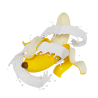 peeled bananas splashes milk isolated on background. 3D render illustration png