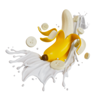 peeled bananas splashes milk isolated on background. 3D render illustration png
