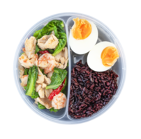 Rice berry ,boiled egg ,stir fried kale with chicken and shrimp in lunch box png