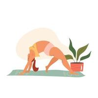 Woman doing yoga at home. Self-time concept. Vector