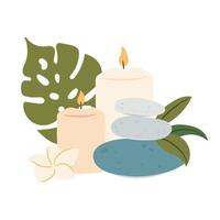 Candles, frangipani flower and meditation stones. Relaxation concept. vector