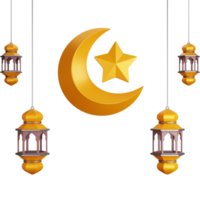 3D Rendering four lantern lights with a crescent moon isolated png