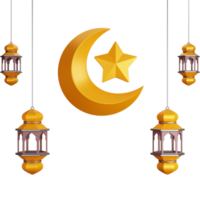 3D Rendering four lantern lights with a crescent moon isolated png