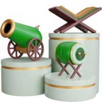 3D Rendering ramadan cannon with drum and islamic book isolated png