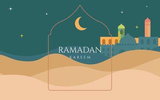 Islamic greetings ramadan kareem card design background with beautiful landscape vector