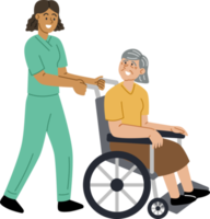 ein weiblich Arzt oder Krankenschwester ist schieben ein Rollstuhl zum ein Alten weiblich geduldig. png
