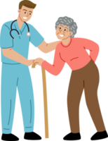 mannetje dokter of verpleegster helpen ouderen vrouw geduldig wie is gebruik makend van riet. png