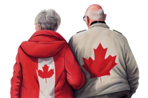 Back view of senior couple and Canadian flag isolated on a transparant background. Two elderly people. png