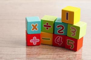 Number wood block cubes for learning Mathematic, education math concept. photo