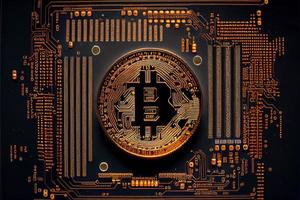 Bitcoin golden coin on computer circuit board 3D and illustrations photo