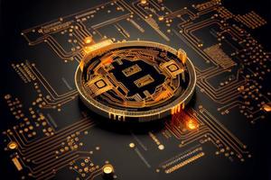 Bitcoin golden coin on computer circuit board 3D and illustrations photo